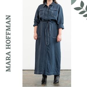Mara Hoffman Navy Juno Midi Dress Button Front Tie Waist Size 2X